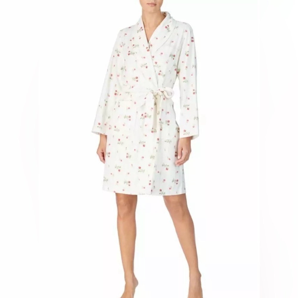 Lauren Ralph Lauren Ivory Floral Printed Cotton Short Wrap Robe size Medium